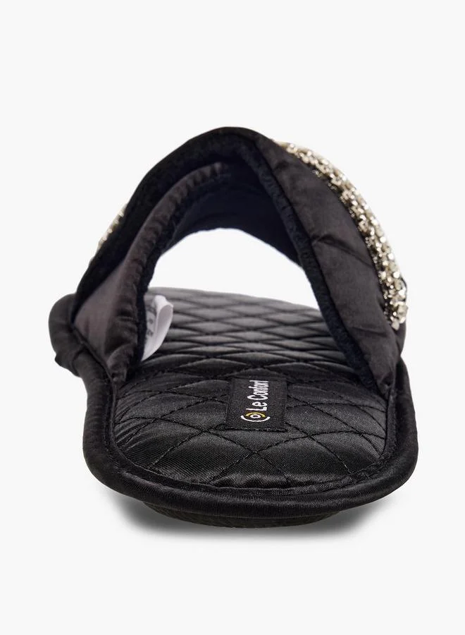 Le Confort BLACK Women Satin Stone Embellished Bedroom Slides for Women | Best Price UAE